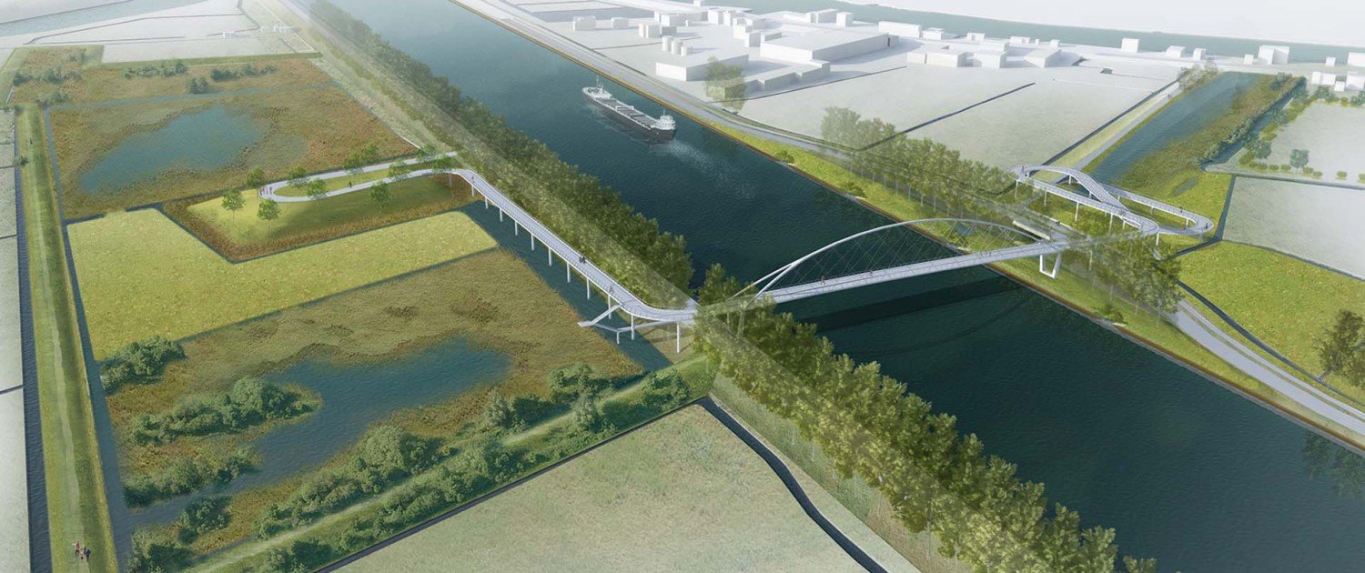 bird view of cycle bridge Nigtevecht, design by ipv Delft, slender modern birdge
