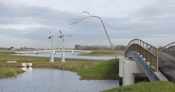 traffic bridge Noordwaard with concrete pilars and detail with nature elements